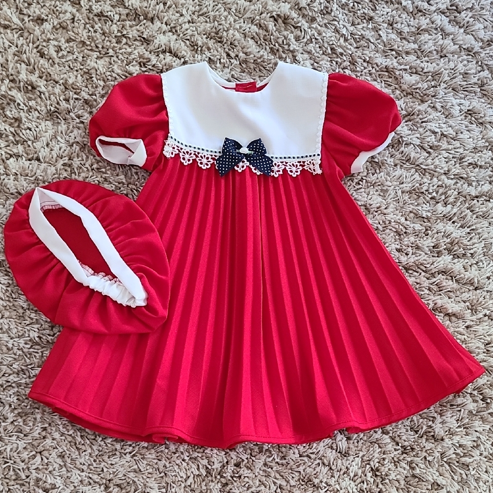 ❤️~VINTAGE~ Girls Youngland Pleated Red Dress With Hat/Cap Beret 4T EUC